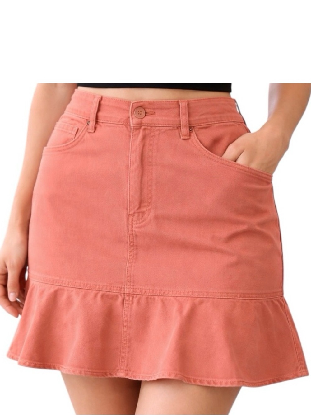 Ann Taylor LOFT Coral Cotton Mini Skirt Size 2 Ruffle Hem Pockets